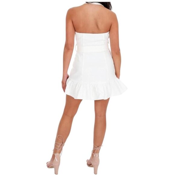 White halter neck mini dress with tie waist - Picture 2 of 4